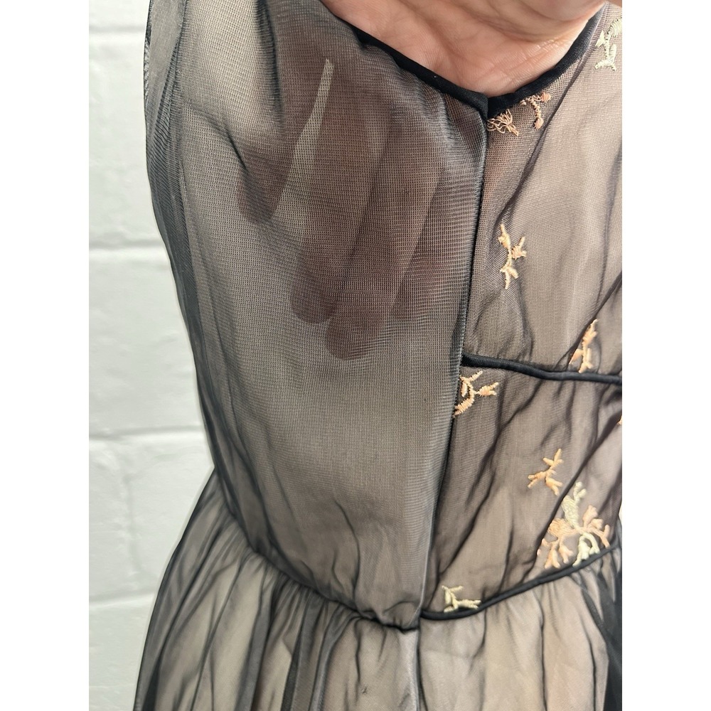 Vintage Sheer Nightgown Black Blush 38 Embroidered 50s Cinderella Full Floral - Picture 7 of 13